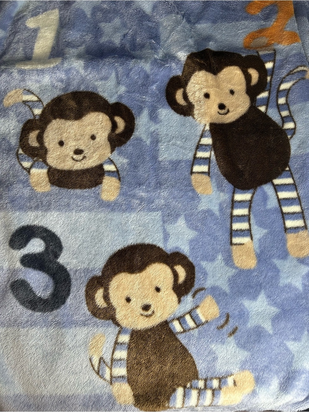CoCaLo 123 Monkey Baby Blanket Throw Blue Brown Tan Orange White Stars